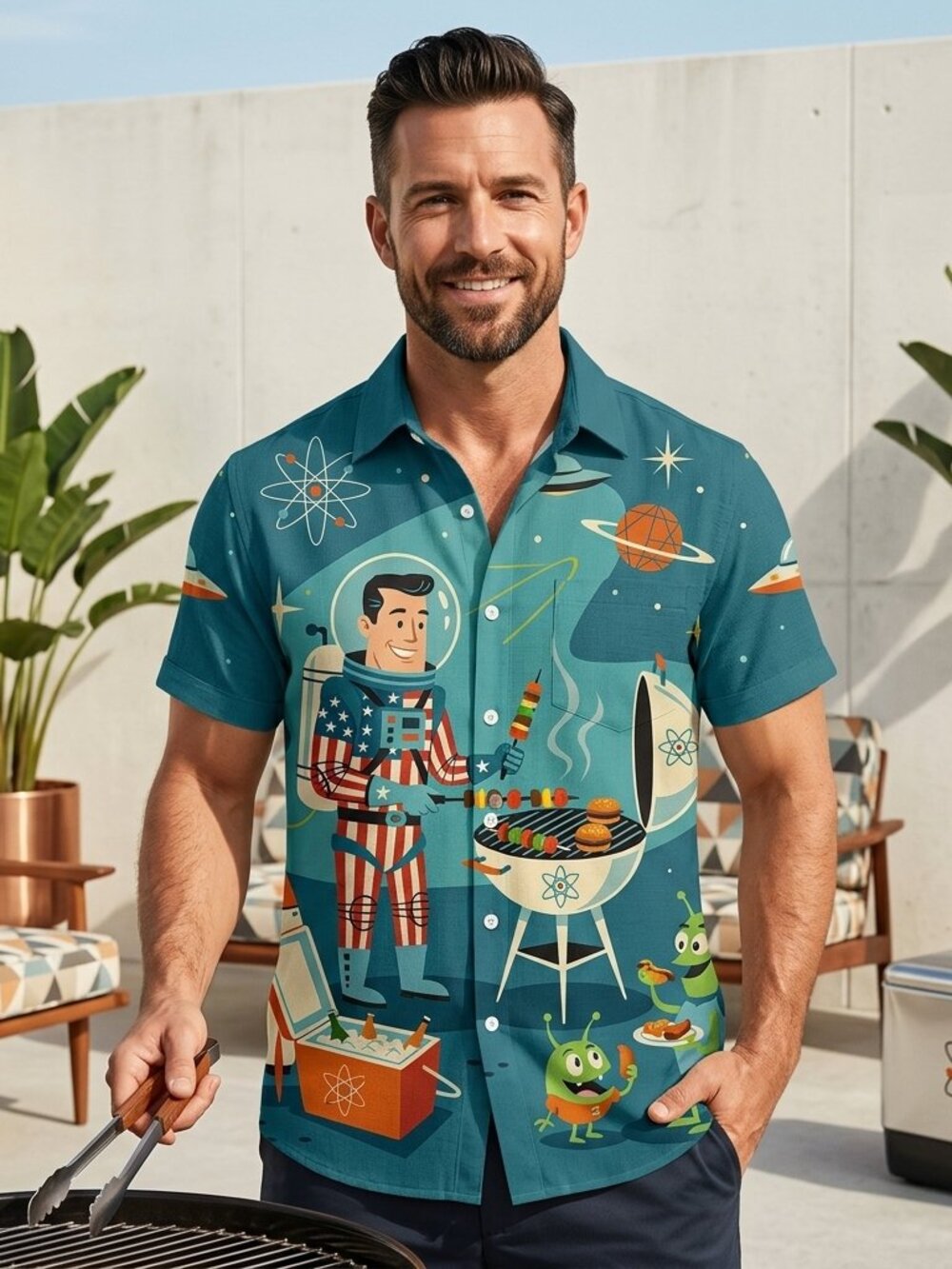 Retro Space Grill Button‑Up • Vintage Cartoon Sci‑Fi Shirt • Unisex